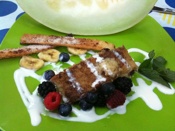 Pan seared tamale breakfast with fresh fruit